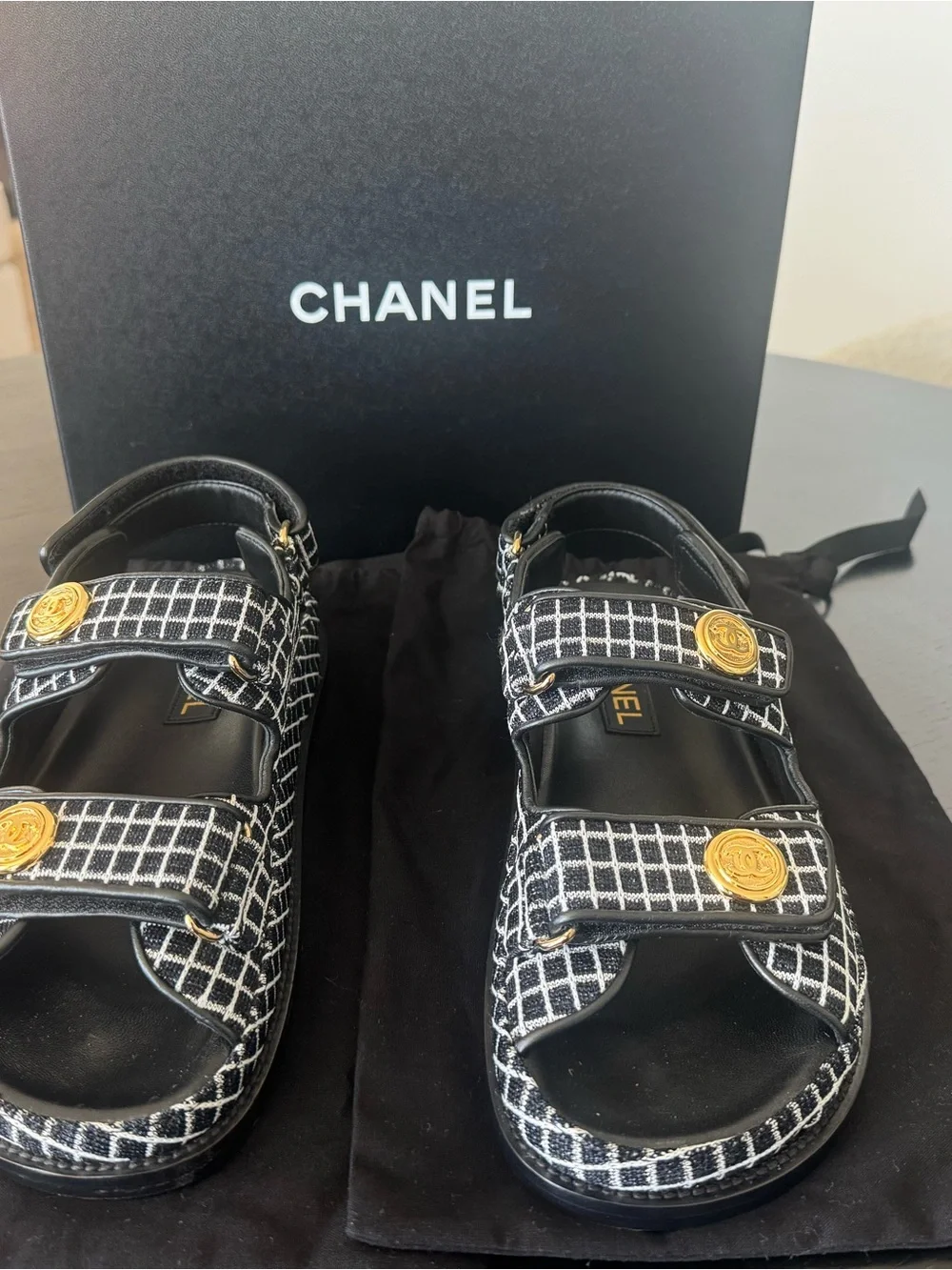 CHANEL Women’s Black & White Tweed Velcro Sandals with Gold Medallions Size: 7.5